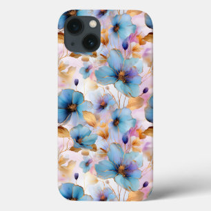 Funda Para iPhone 13 Hermosas flores azules de tinta de alcohol Pastel