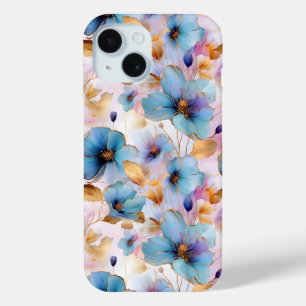 Funda Para iPhone 15 Hermosas flores azules Tinta de alcohol en pastele