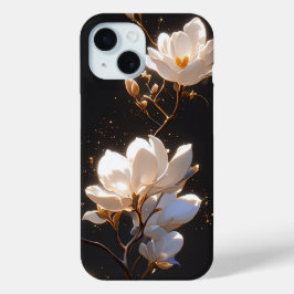 Funda Para iPhone 15 Hermosas Flores De Magnolia En Fondo Negro