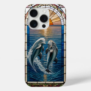 Funda Para iPhone 15 Pro Hermoso Arte de Vidrio Teñido con Delfines Saltand