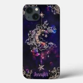 Funda Para iPhone 13 Hermoso Boho Moon Stars Blue Purple Personalizado 