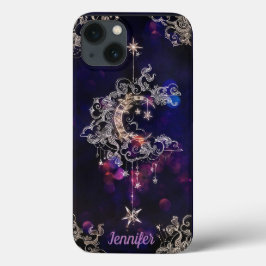 Funda Para iPhone 13 Hermoso Boho Moon Stars Blue Purple Personalizado 
