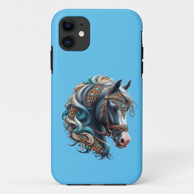 Funda De Case-Mate Para iPhone Hermoso caballo con joyas incrustadas azul brillan (Reverso)