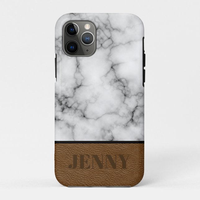 Funda De Case-Mate Para iPhone Hermoso diseño de mármol y cuero falsos con nombre (Reverso)
