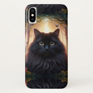 Funda Para iPhone X Hermoso Gato Negro Fluffy con Ojos de Oro
