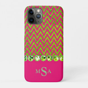 Funda Para iPhone 11 Pro Hermoso Monograma de Chevron Lime Green Pink Bling