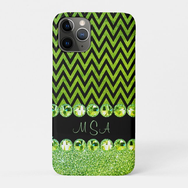 Funda De Case-Mate Para iPhone Hermoso Monograma Lime Green Bling Glam Chevron (Reverso)