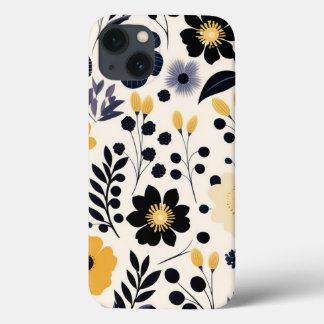 Funda Para iPhone 13 Hermoso patrón de arte de flores negras y amarilla