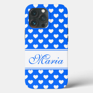 Funda Para iPhone 13 Pro Hermoso Patrón De Corazones Blancos Azules Y Tu N