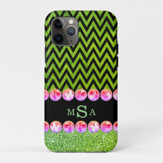 Funda Para iPhone 11 Pro Hermoso Purpurina de Chevron Verde Bling Elegante