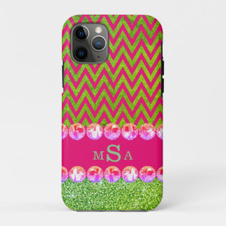 Funda Para iPhone 11 Pro Hermoso Purpurina de Chevron Verde Rosa Bling Eleg