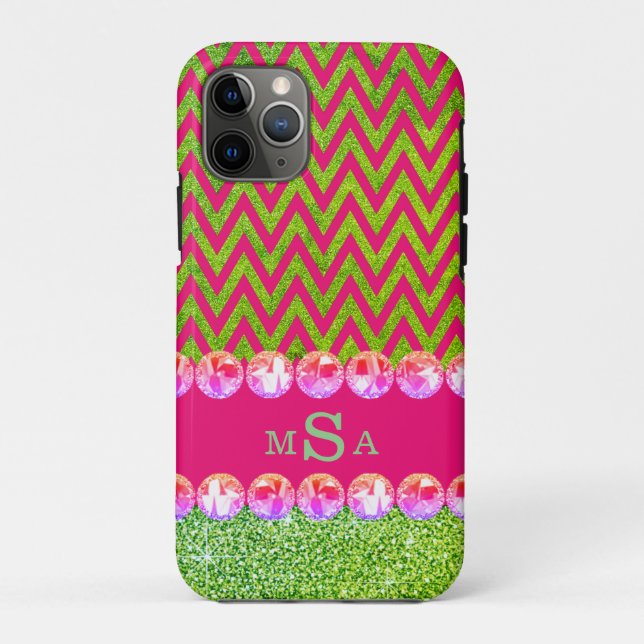 Funda De Case-Mate Para iPhone Hermoso Purpurina de Chevron Verde Rosa Bling Eleg (Reverso)