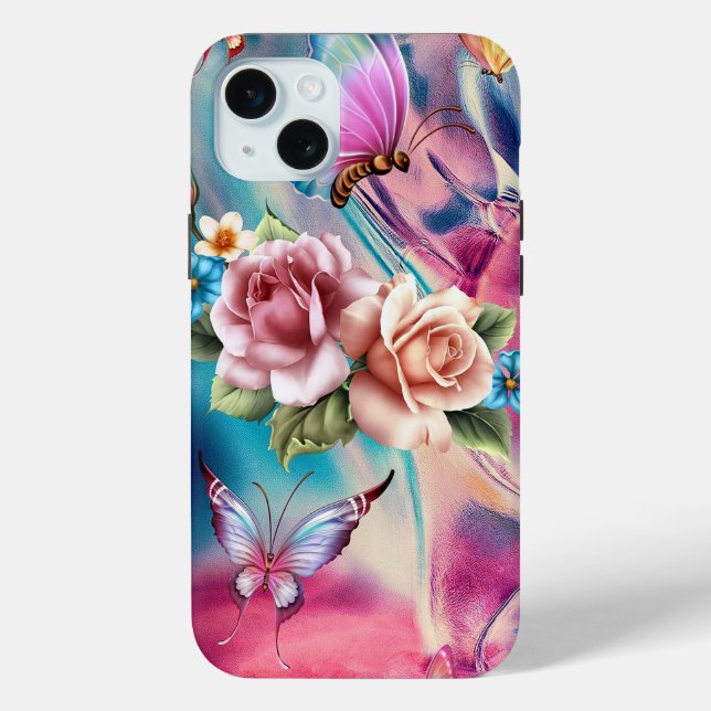 Funda De Case-Mate Para iPhone Hermosos Rosas y mariposas (Reverso )