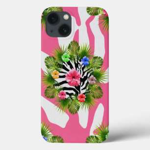 Funda Para iPhone 13 Hibisco tropical y rayas exóticas de cebra rosa
