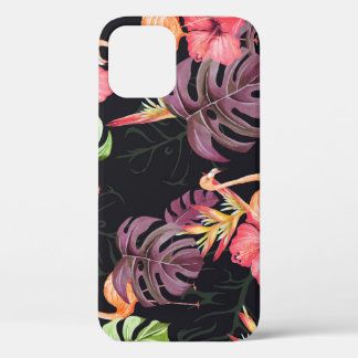 Funda Para iPhone 12 Hibiscus, Flamingos, Patrón tropical acuarela.