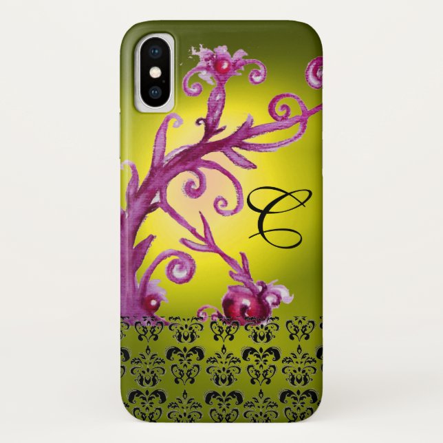 FUNDA DE Case-Mate PARA iPhone HINCHAS AMARILLAS DE FLORES ROSAS, BERRIES DAMASK  (Reverso)