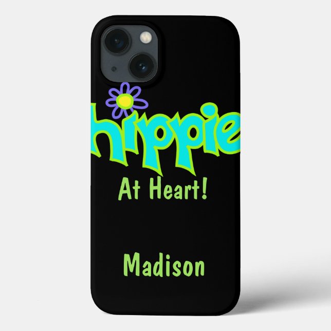 Funda De Case-Mate Para iPhone Hippie en nombre turquesa cardíaco personalizado (Reverso)
