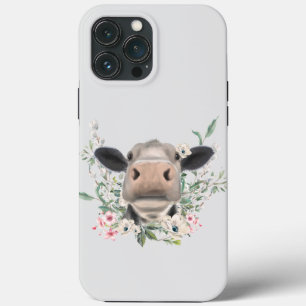 Funda Para iPhone 13 Pro Max hocico de nariz de vaca besar flores acuarela gris