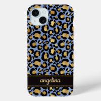 Hoja de Oro Sobre Estampado de Leopardo Azul Monog