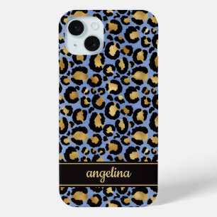 Funda Para iPhone 15 Mini Hoja de Oro Sobre Estampado de Leopardo Azul Monog