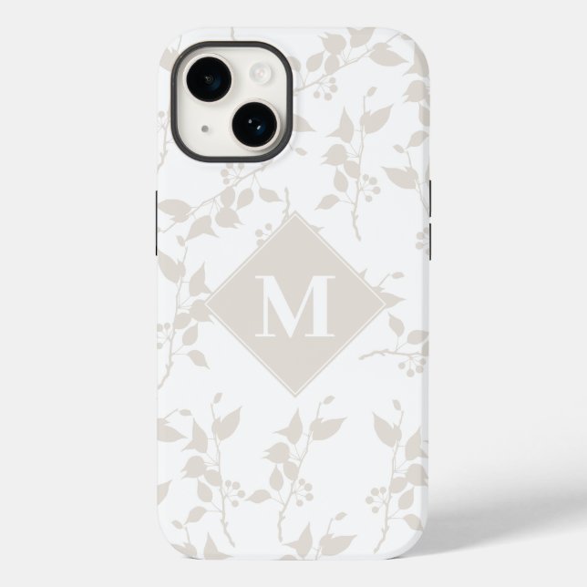 Funda De Case-Mate Para iPhone Hoja decorativa Botánica Beige Monogramada (Reverso )