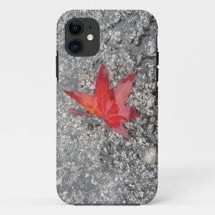 Funda Para iPhone 11 Hoja roja de otoño en lluvia en camino gris textur