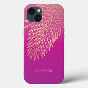 Funda Para iPhone 13 Hoja Tropical De Palma De Oro, Tu Nombre, Magenta