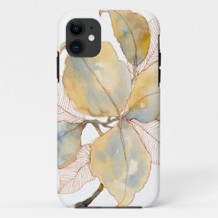 Funda Para iPhone 11 Hojas botánicas acuarelas doradas azules suaves