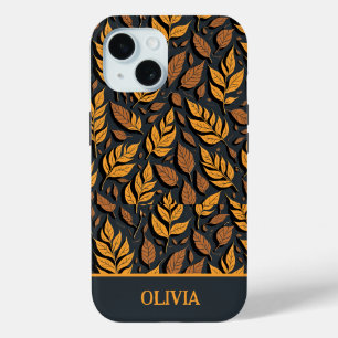 Funda Para iPhone 15 Hojas de otoño naranjas sobre fondo marrón