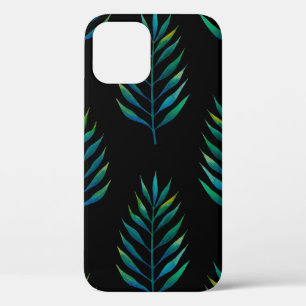 Funda Para iPhone 12 Hojas de palma de color agua verde sobre fondo neg