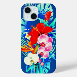Funda Para iPhone 15 Hojas de palma orquídea tropical azul floral hawai