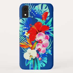 Funda Para iPhone XR Hojas de palma orquídea tropical azul floral hawai