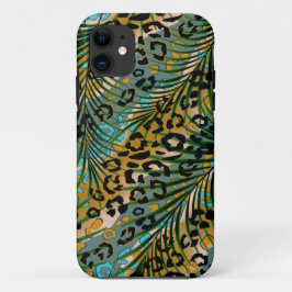 Funda Para iPhone 11 Hojas de palma sobre un fondo de leopardo.