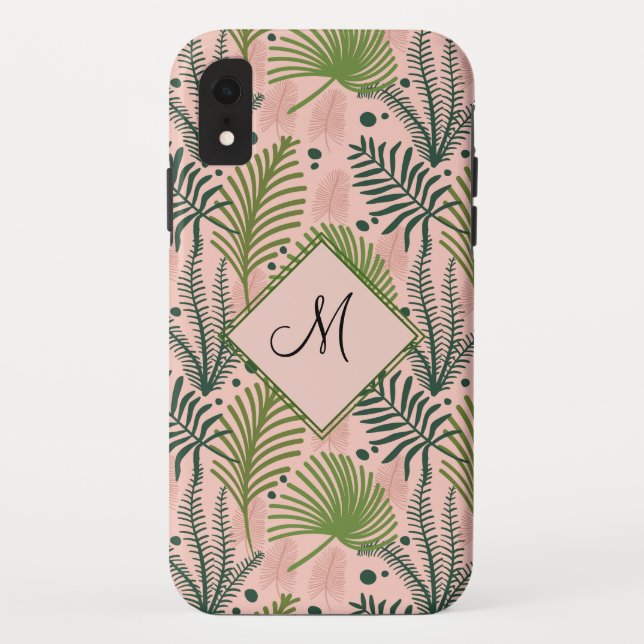Funda De Case-Mate Para iPhone Hojas de vegetación botánica y rosa monograma (Reverso)