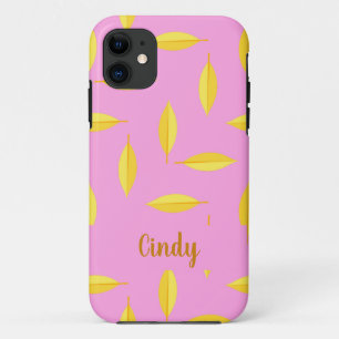 Funda Para iPhone 11 Hojas secas amarillas nombre personalizado rosa