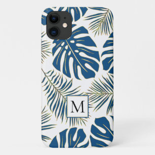 Funda Para iPhone 11 Hojas tropicales azules y doradas clásicas y monog