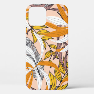 Funda Para iPhone 12 Hojas tropicales coloridas, patrón de fondo beige