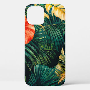 Funda Para iPhone 12 Pro Hojas Tropicales Coloridas y Flores de Hibisco  