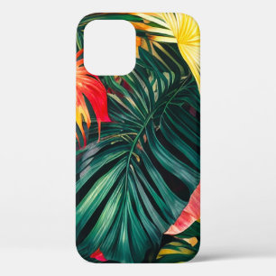 Funda Para iPhone 12 Pro Hojas Tropicales Coloridas y Flores de Hibisco