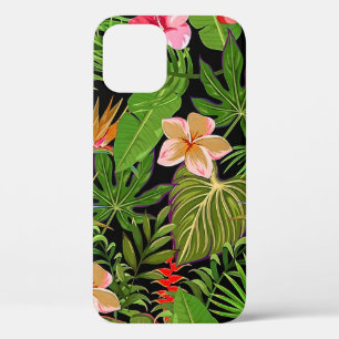 Funda Para iPhone 12 Pro Hojas Tropicales Coloridas y Flores de Hibisco  