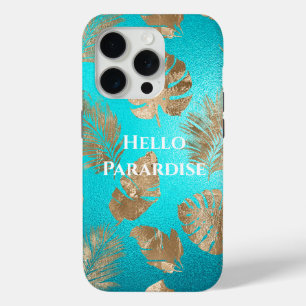 Funda Para iPhone 15 Pro Hojas tropicales de oro turquesa