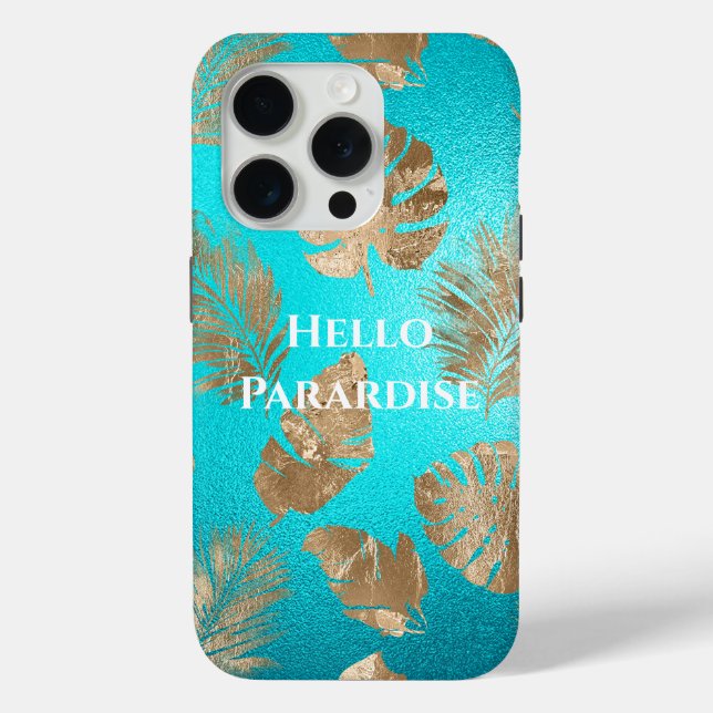 Funda De Case-Mate Para iPhone Hojas tropicales de oro turquesa (Reverso )