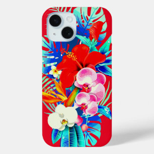 Funda Para iPhone 15 Hojas tropicales de palma de orquídea rojo floral 