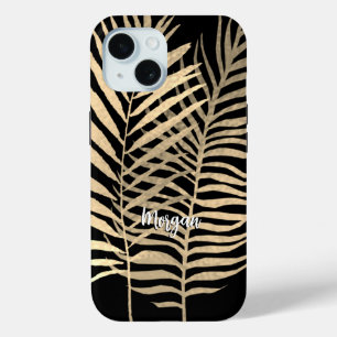 Funda Para iPhone 15 Hojas Tropicales Doradas, Nombre en Escritura Blan