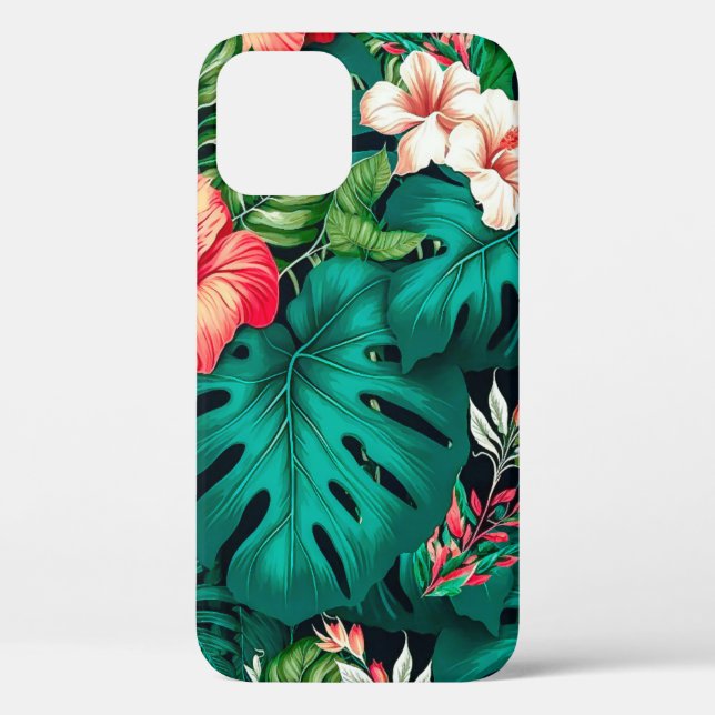Funda De Case-Mate Para iPhone Hojas tropicales elegantes y flores de hibisco | (Reverso )