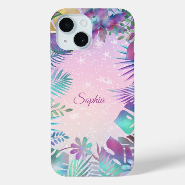 Funda De Case-Mate Para iPhone Hojas tropicales, estrellas blancas del cielo rosa (Reverso )