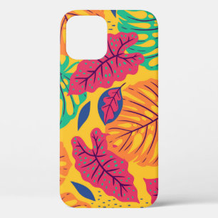Funda Para iPhone 12 Hojas tropicales: gráfico vintage de fondo amarill