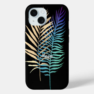 Funda Para iPhone 15 Hojas tropicales iridiscentes/ doradas con nombre