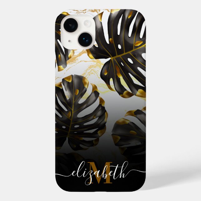 Funda De Case-Mate Para iPhone Hojas tropicales negras y doradas (Reverso )