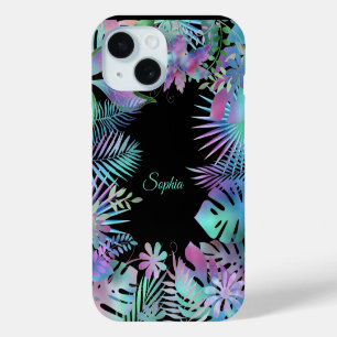 Funda Para iPhone 15 Hojas Tropicales, Nombre con letra script en azul